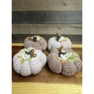 Set Of 4 Crocheted Pumpkins With Wood Stems 8” Wide